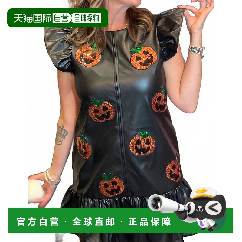 自营she + sky黑色带南瓜细节的仿皮革褶边袖迷你连衣裙 美国奥莱