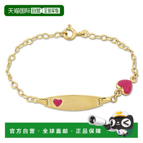 自营Mimi & Max 儿童粉色珐琅心形吊饰链 ID 手链 14k 金 - 6.5+0