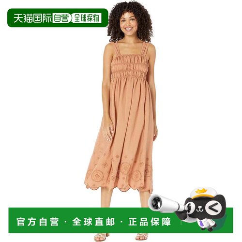 自营Moon River Midi连衣裙女式棕色方领烟熏预科生JDM778-棕色