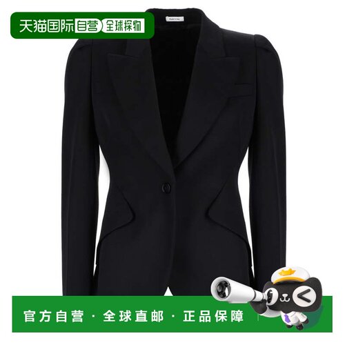 自营alexander mcqueenNeutrals单纽扣缺口翻领羊毛西装外套-黑色