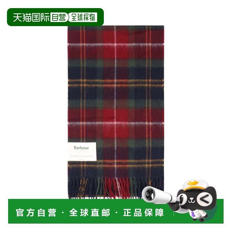 自营barbour格子呢流苏围巾，采用丰富的格子图案-红色 美国奥莱