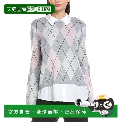 自营CeCe Argyle Twofer Wool-Blend Sweater - gray 美国奥莱直