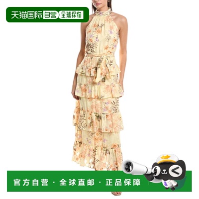 自营Anne Klein分层吊带荷叶边雪纺碎花长裙-黄色 美国奥莱直发