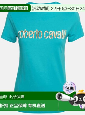 自营Roberto Cavalli Blue Logo Print Jersey T-Shirt - blue 美