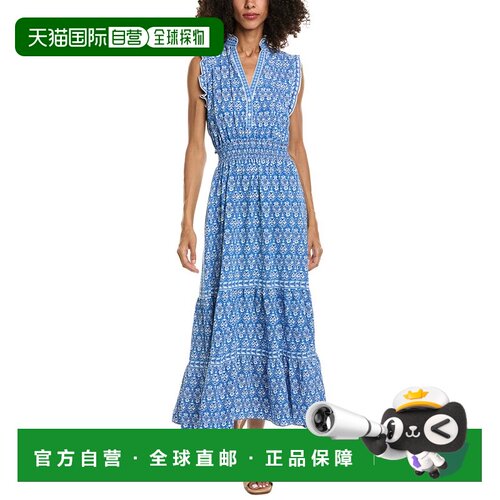 自营Max Studio无袖烟熏腰部分层长裙-蓝色连衣裙 美国奥莱直发