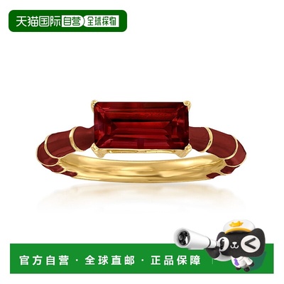 自营Ross-Simons 石榴石和红色珐琅戒指 18 克拉黄金 925 英镑 -