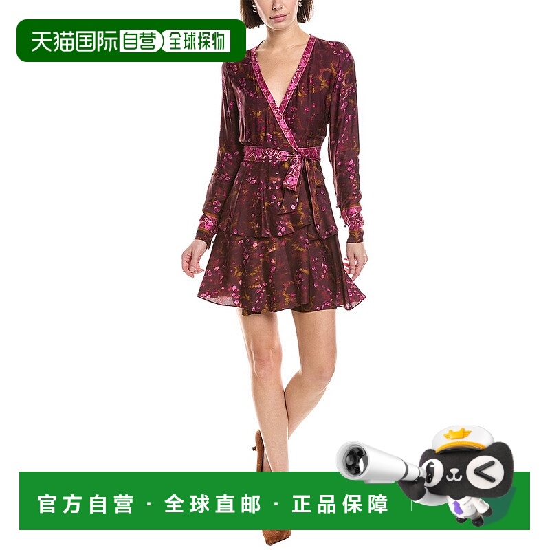 自营Marchesa Notte Printed V-Neck Mini Wrap Dress - black 美