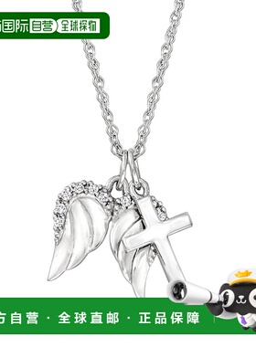 自营 Ross-Simons 14 克拉白金十字架和天使之翼吊坠项链带钻石口