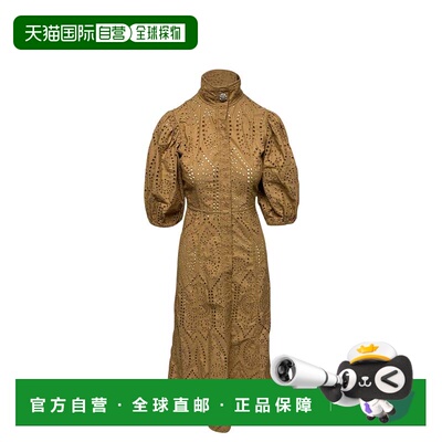 自营Ganni Broderie Anglaise 棕色棉质连衣裙 - 棕色 美国奥莱直