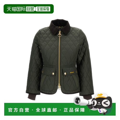 自营barbour修身夹棉夹克，搭配麂皮细节-绿色 美国奥莱直发