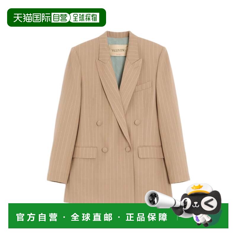 自营valentino合身剪裁的双排扣西装外套，细条纹和立体肩部-棕