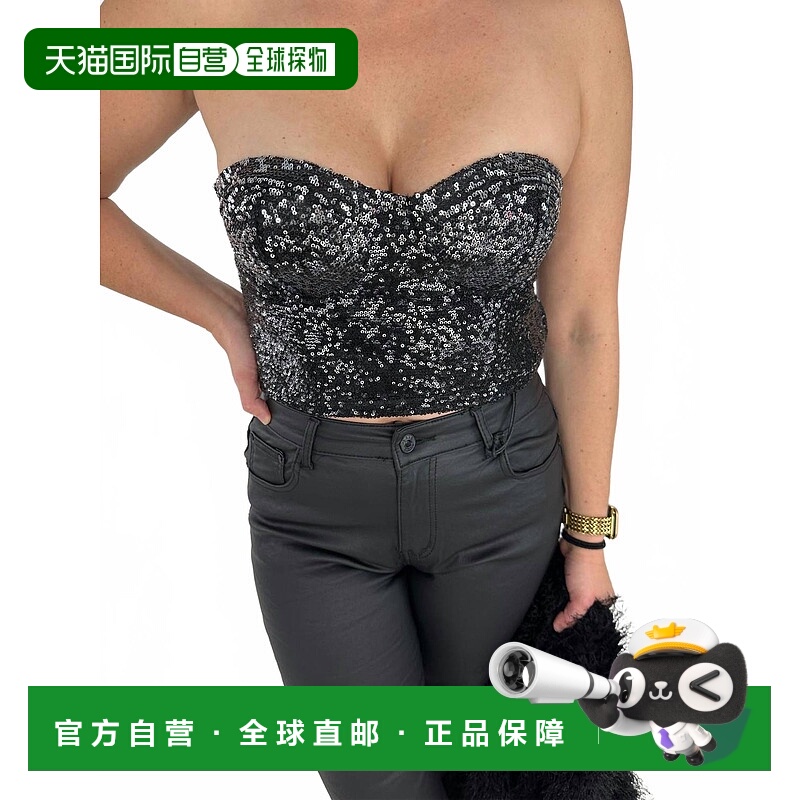 自营 j.nna深色亮片紧身胸衣上衣，黑色 美国奥莱直发新款
