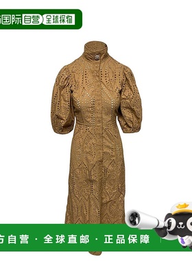 自营Ganni Broderie Anglaise 棕色棉质连衣裙 - 棕色 【美国奥莱