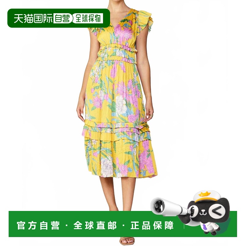 自营current air多色印花褶皱迷笛连衣裙 美国奥莱直发