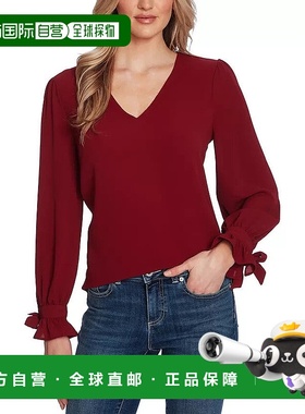 自营 CeCe Top女式深红色弹力球袖V领衬衫FTS1099-红色 美国奥莱