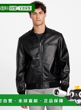 自营guessFaris Faux-Leather Biker Jacket - black 美国奥莱直