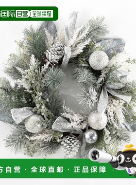 自营safavieh人造 26 英寸磨砂松木花环带装饰品 - 银色/绿色 美