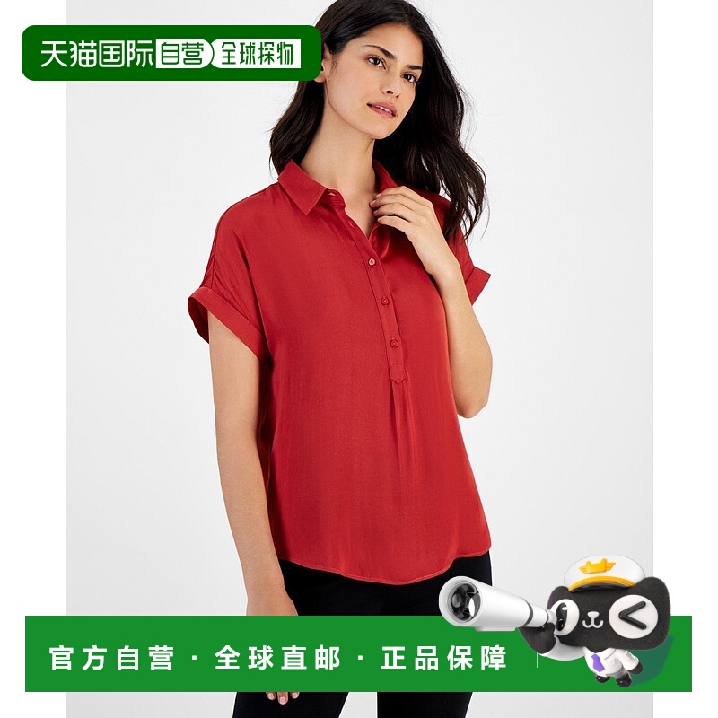 自营 T Tahari衬衫女式火砖翻边短袖领上衣FTS1205-红色 美国奥莱