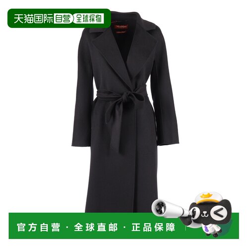 自营max mara黑色Cles及膝包裹束带大衣-黑色 美国奥莱直发