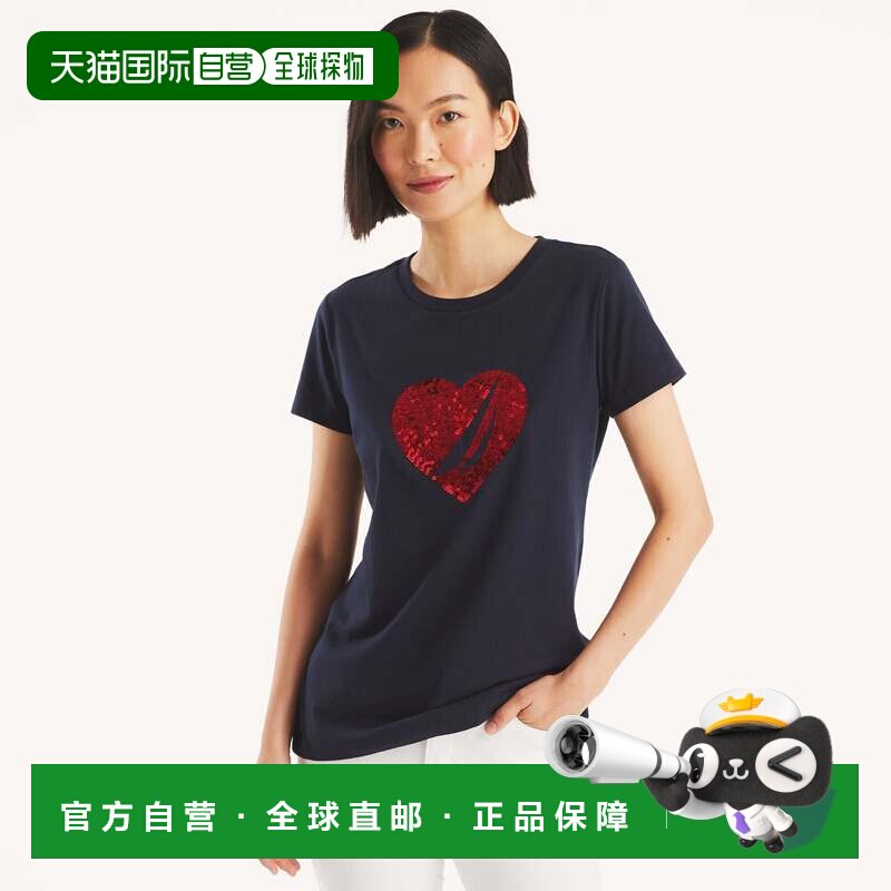 自营Nautica 女款亮片心形图案 T 恤 - 海军蓝 美国奥莱直发