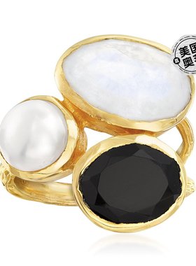 自营 Ross-Simons 8 毫米养殖珍珠、黑缟玛瑙和月长石戒指 18kt