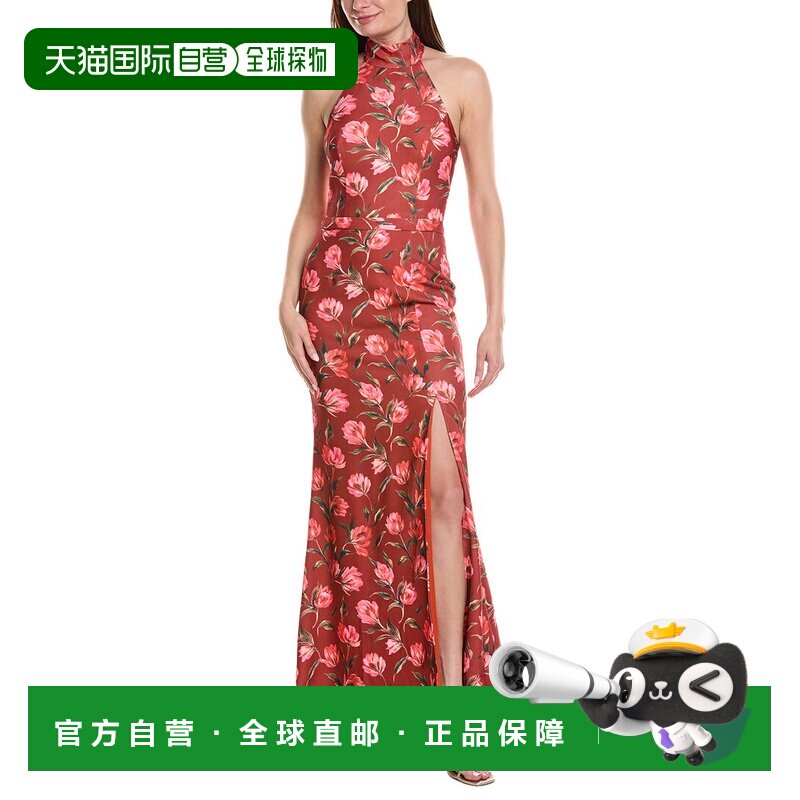 自营Rene Ruiz露背领束带腰部碎花礼服-红色 美国奥莱直发