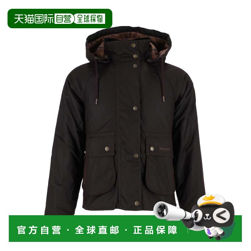 自营barbour黑色蜡质棉质短款夹克，搭配连衣帽和翻盖口袋-黑色图片