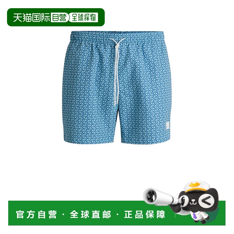 自营 boss抽绳腰部游泳短裤，满版印花-浅蓝色 美国奥莱直发泳衣
