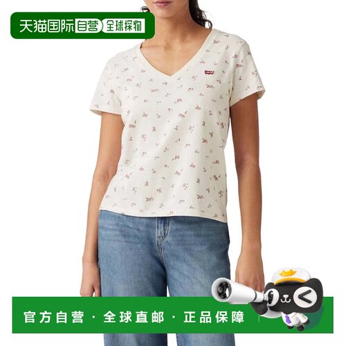 自营Levi's t恤女士象牙色Ditsy花卉棉短袖v领PALL613-白色 美国