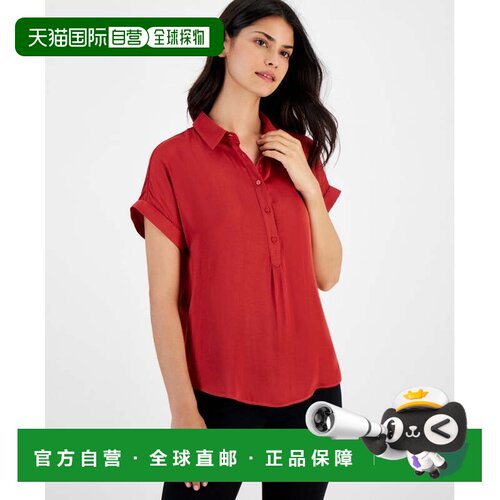 自营T Tahari衬衫女式火砖翻边短袖领上衣FTS1205-红色 美国奥莱