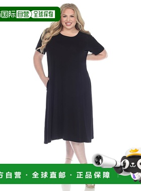 自营 white mark白色Mark Midi连衣裙女式黑色弹性口袋摇摆短袖FT