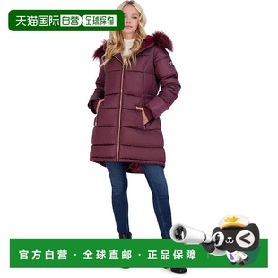 自营 jessica simpson女式人造皮草保暖羽绒服酒红色 美国奥莱直