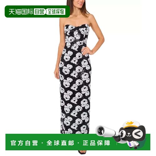 自营CeCe长裙女士黑色花卉弹力亮片后背开叉无肩带FTS1549-黑色