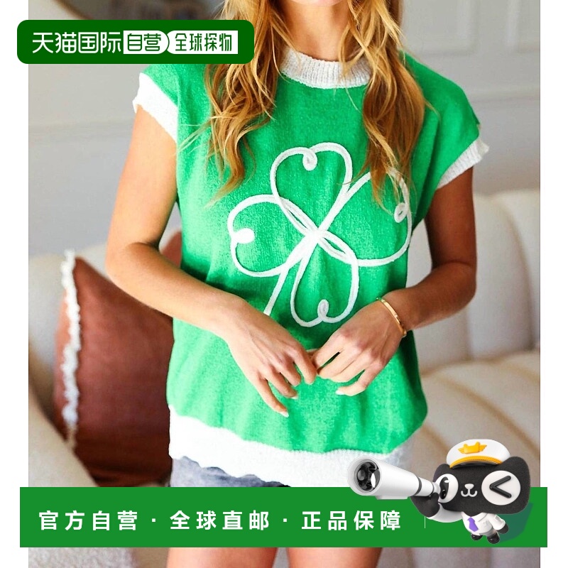 自营 haptics幸运刺绣三叶草短袖羊毛衫，凯利绿-凯利绿 美国奥莱