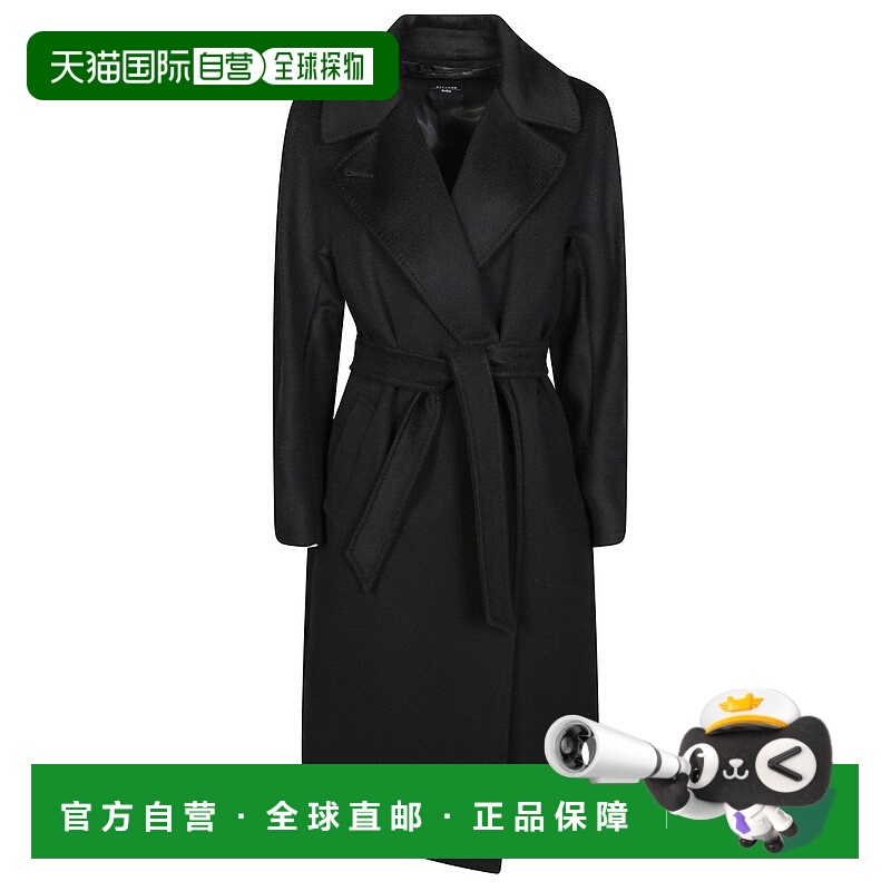 自营max mara黑色系带长外套,领口有凹口,表面光滑-黑色 美国奥