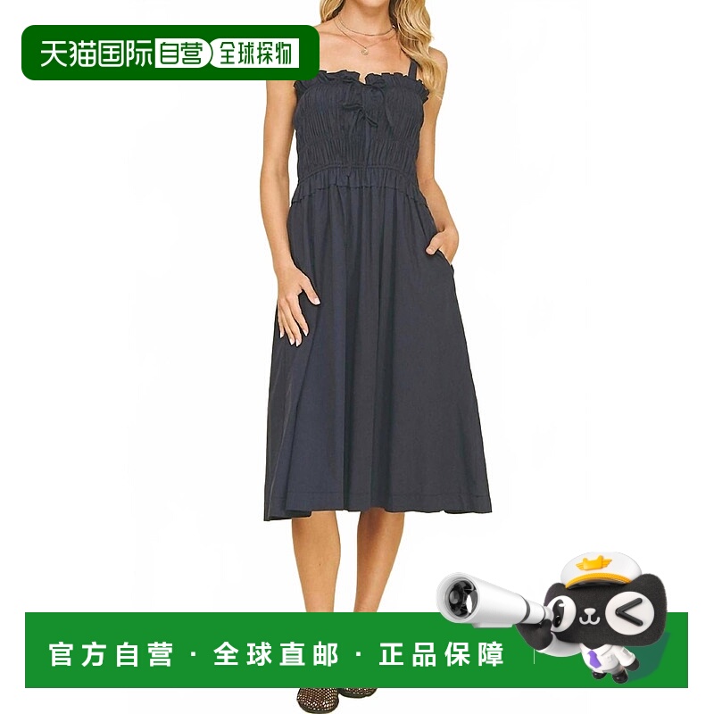 自营pinchFront-Tie Detailed Smocking Midi Dress In Ink - ink