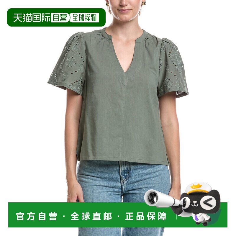 自营splendid华丽的孔眼上衣-绿色 美国奥莱直发泡泡袖图片