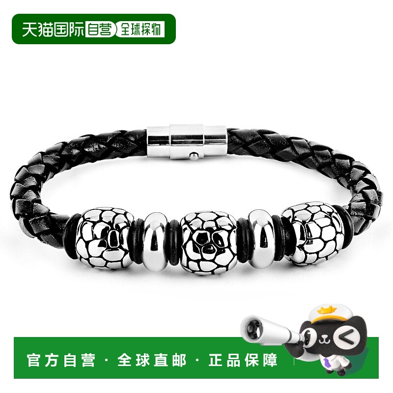 自营 Crucible Los Angeles 不锈钢串珠黑色编织皮革手链（13 毫-
