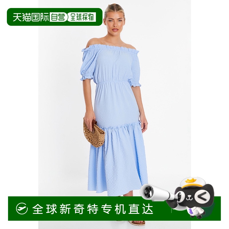 自营 Quiz女式梭织Bardot Maxi连衣裙-蓝色【美国奥莱】直发