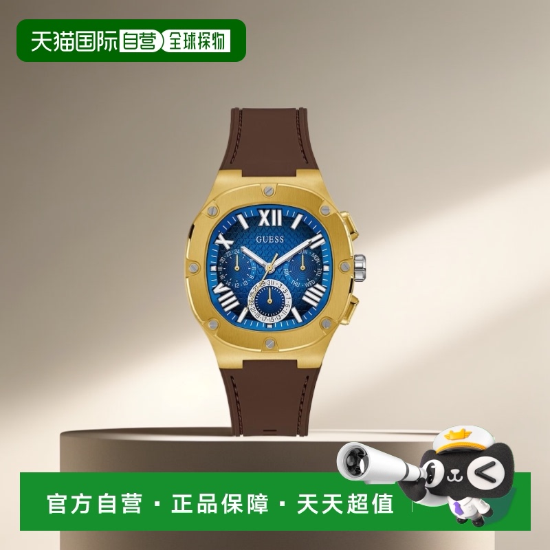 【美国直邮】GUESS|男士多功能棕色硅胶手表 42 毫米方形表壳