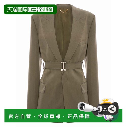自营victoria beckhamFitted Wool-Blend Belted Blazer - grey