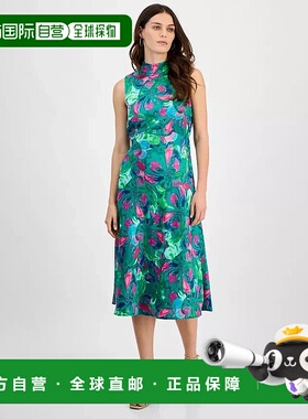 自营 Tahari ASL Midi连衣裙女式玉玫瑰印花无袖立领FTS1429-绿色