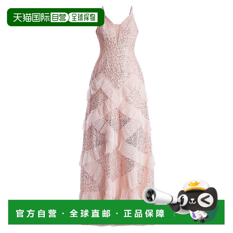 【美国直邮】BCBGMAXAZRIA|缀饰蕾丝荷叶边礼服长裙