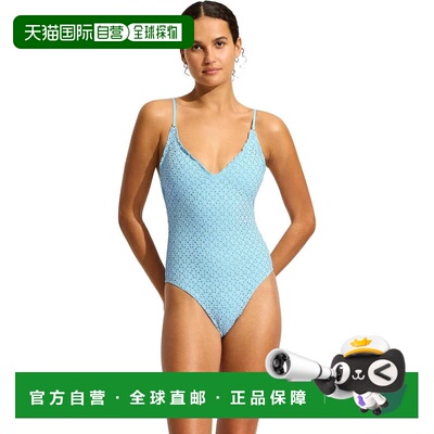 自营Seafolly Daydreamer泳装女粉蓝色弹力v领一件RED272-蓝色 美