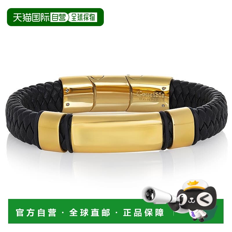 自营 Crucible 洛杉矶黑色皮革和不锈钢可雕刻 ID 手链 - 金色 美