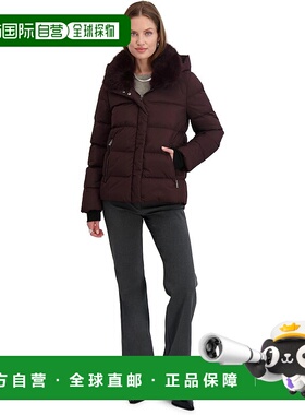 自营TAHARI Women's Short Quilted Puffer Jacket with Faux Fur