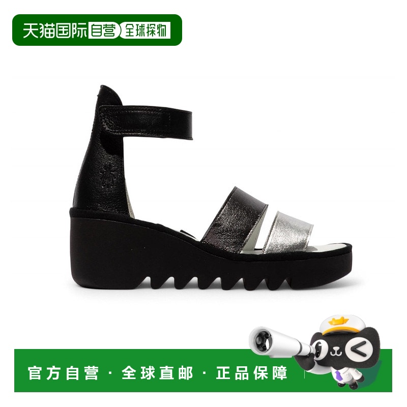 自营 Fly London女式BONO290FLY银黑Idra皮革凉鞋Espadrile坡跟鞋