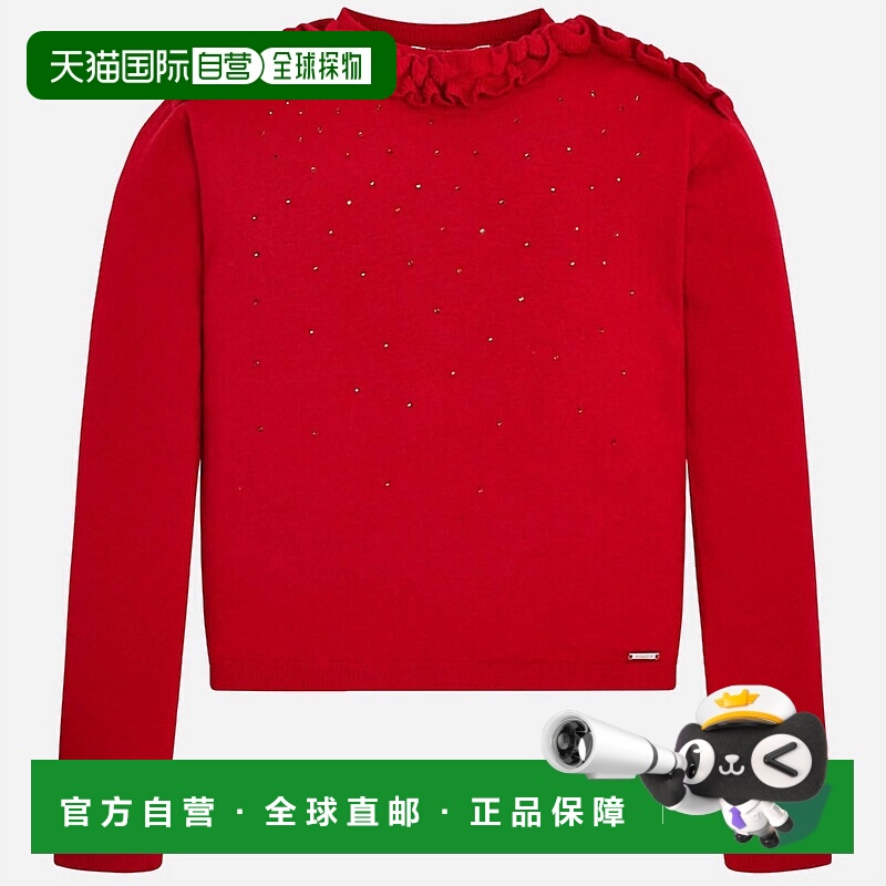 自营mayoral红色女童褶边领口毛衣 美国奥莱直发