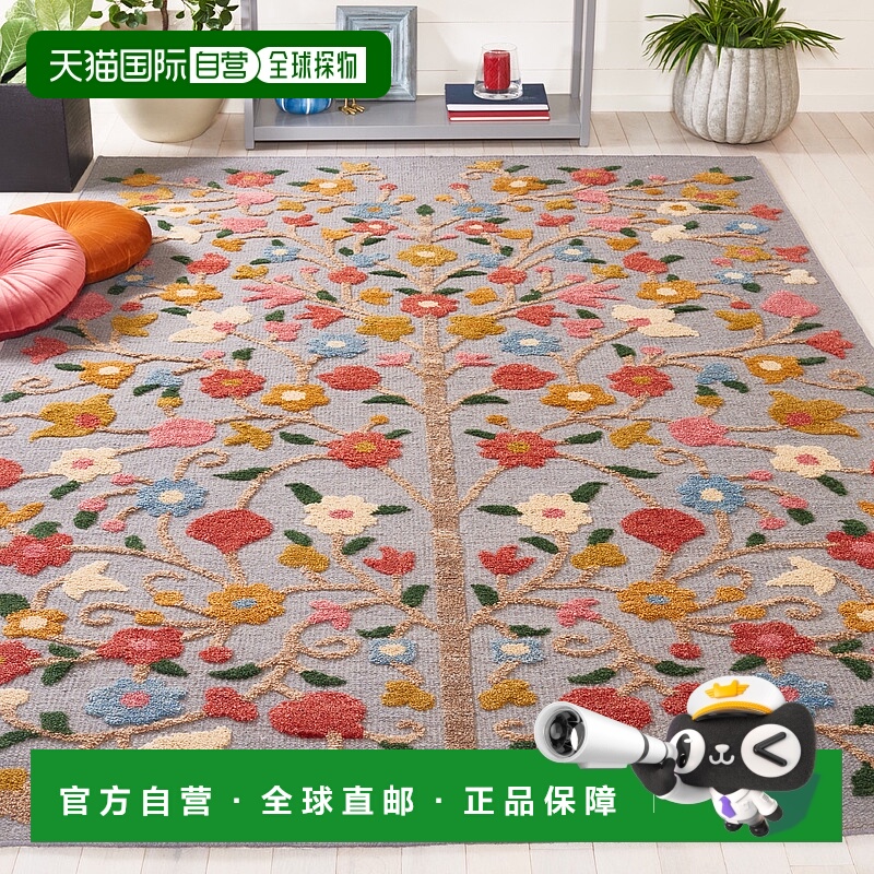 自营safavieh肯尼亚手工制作的区域地毯，灰色/粉色，乡村花卉风-