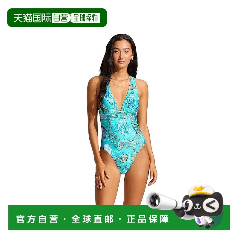 自营 Seafolly La Mer女式水蓝色印花斜背连体泳衣BUU194-蓝色 美